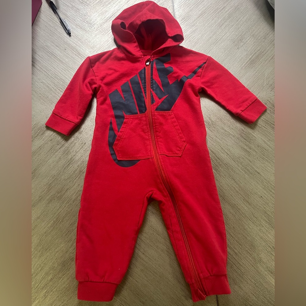 Nike Red Hooded Baby One-Piece Romper with Black Logo 12 months